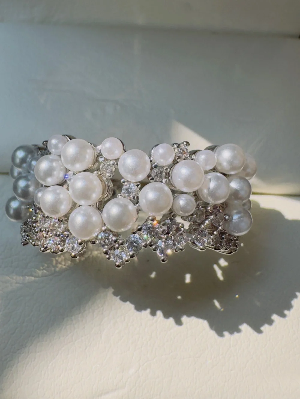 Pearl and Crystal Statement Ring- White Pearls